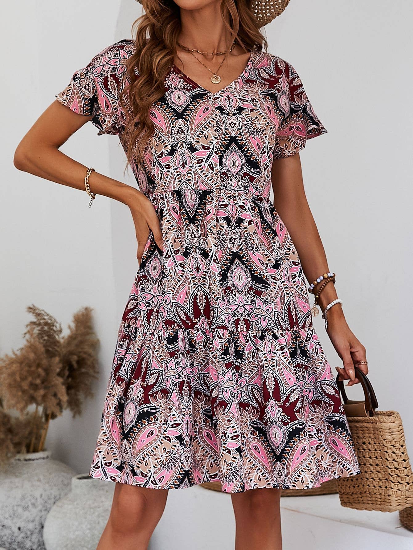 V-neck loose holiday print lotus sleeves dress