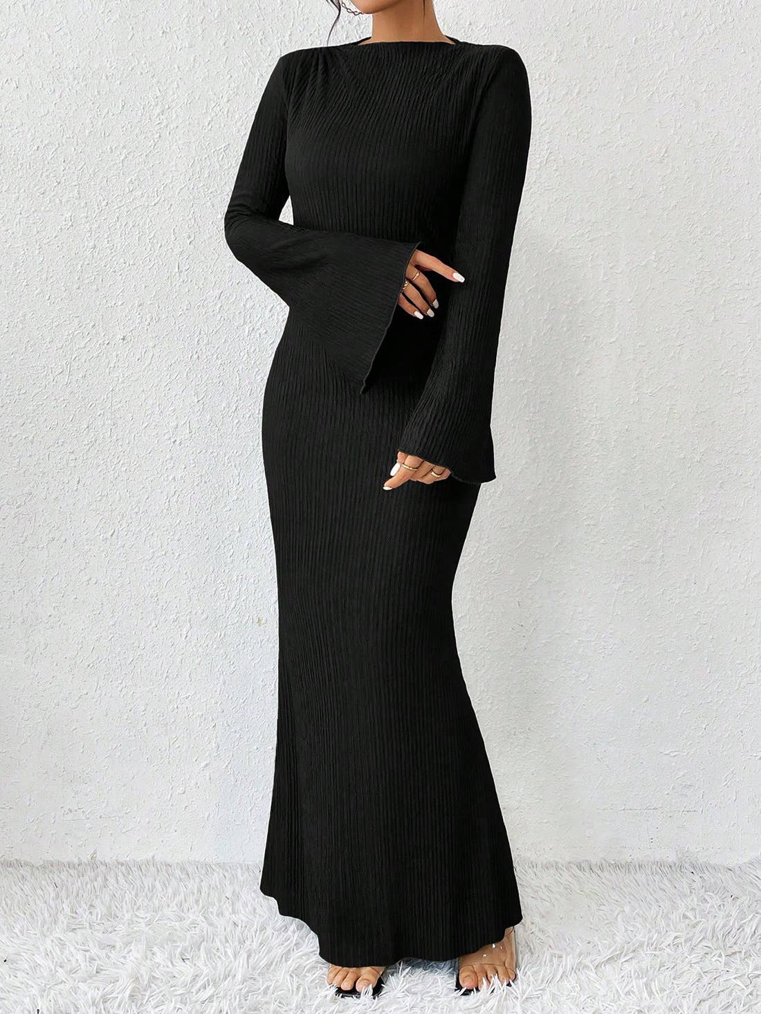 TRUMPET SLEEVE LONG FISHTAIL FLOOR-LENGTH DRESS