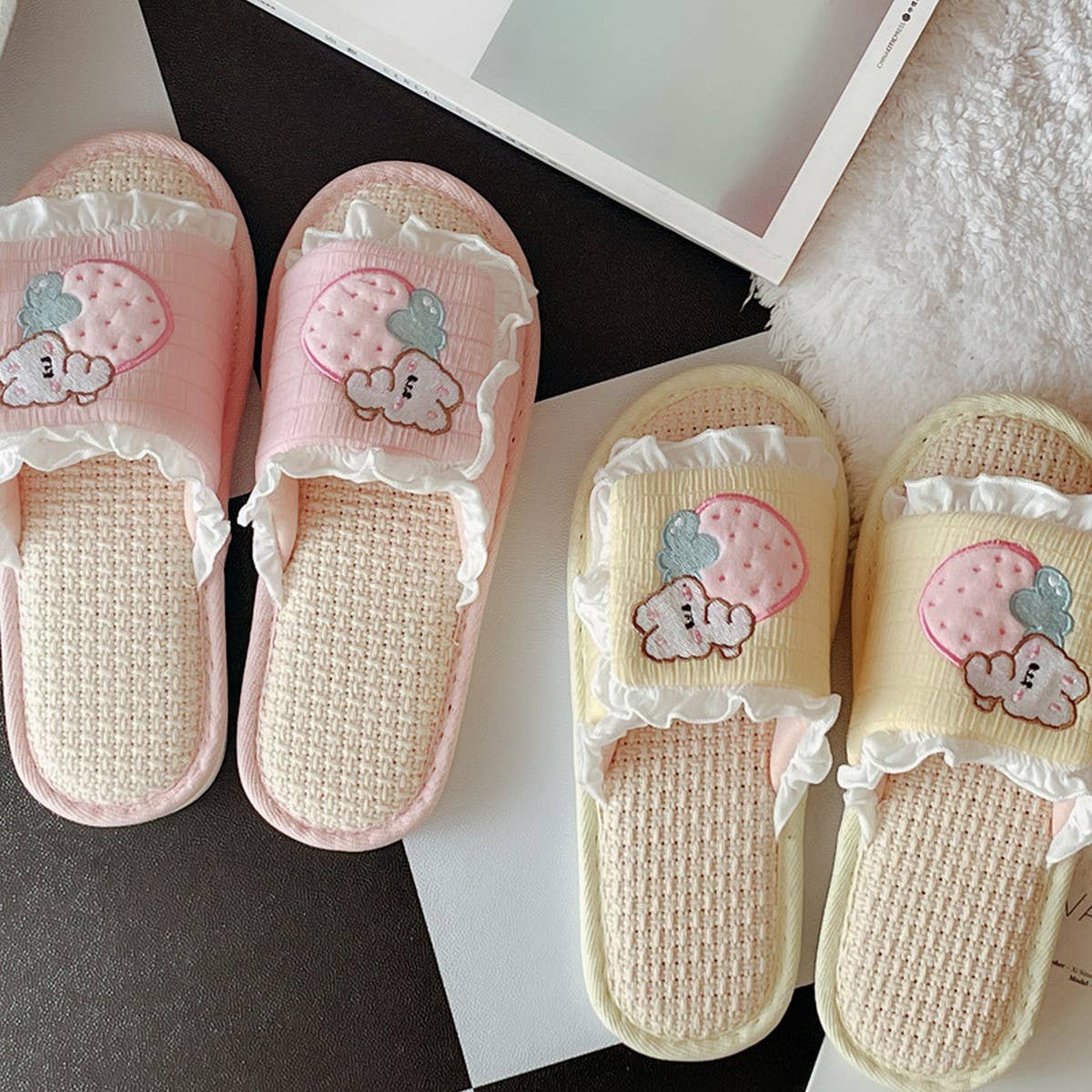 SWEET RUFFLED BREATHABLE LINEN SLIPPERS FOR WOMEN