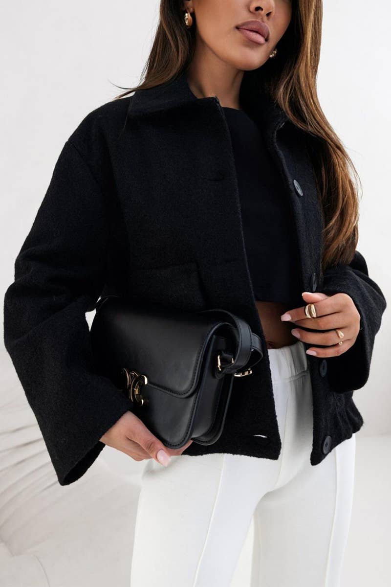 SIMPLE SOLID COLOR SINGLE BREASTED WOOLEN COAT