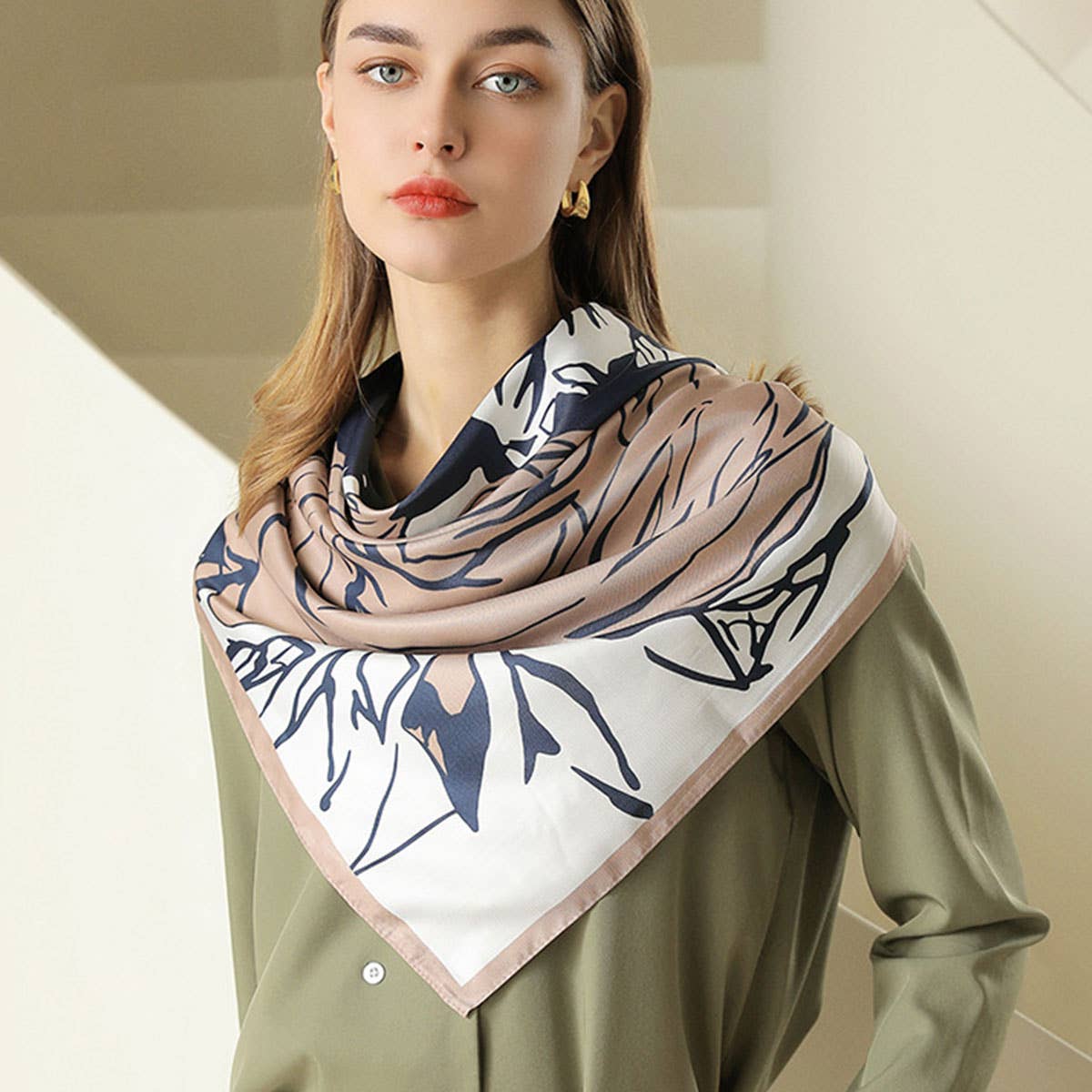 Floral Print Satin Scarf for Women, Large Square