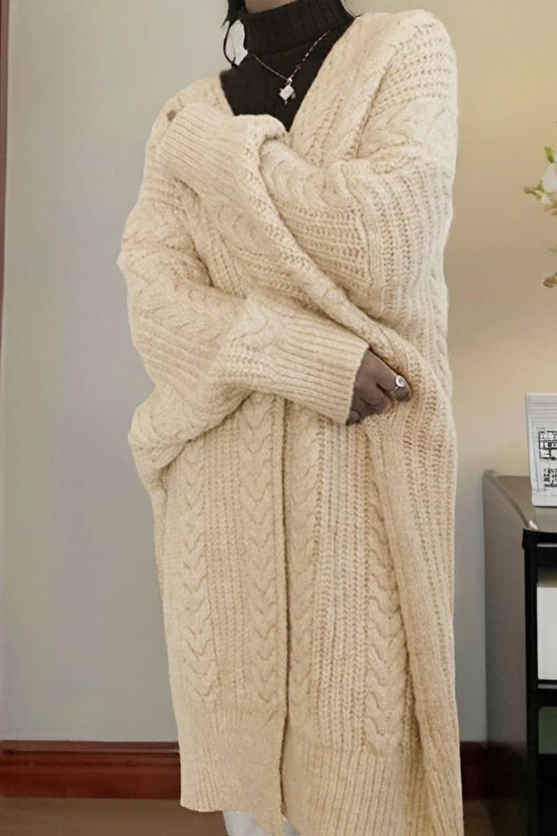 CWOCAL2364_CABLE KNIT LONGLINE LOOSE CARDIGAN SWEATER