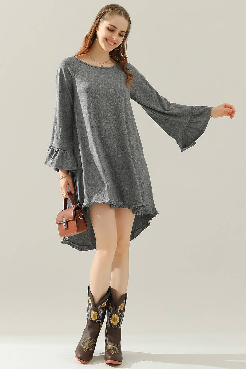 CWDSD10406_RUFFLE DETAIL LONG SLEEVE DRESS WITH SIDE POCKET