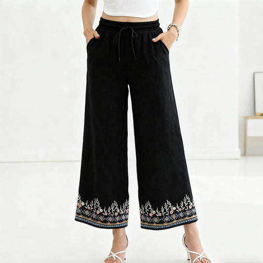 Folk embroidery pass-through wide-legged pants