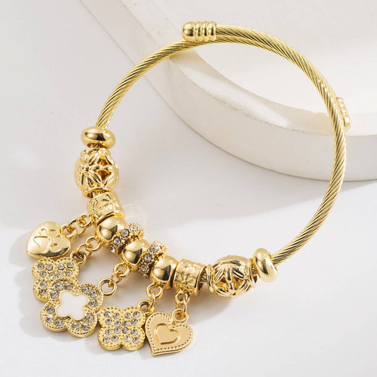 Trendy Gold Clover Heart Charm Bracelet