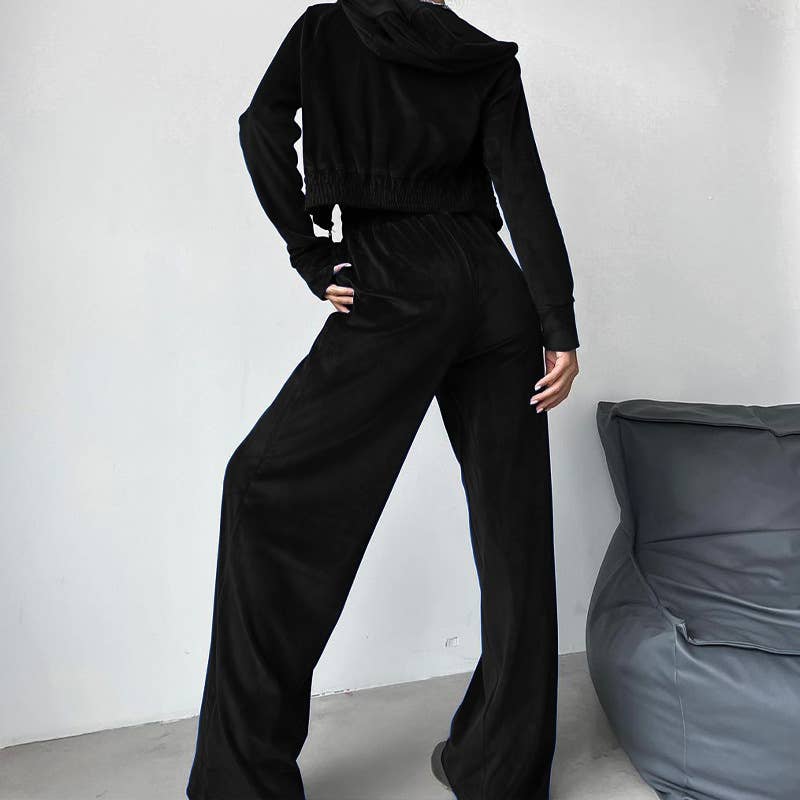 FASHION SPORTS STYLE HOODIE WIDE LEG PANTS SUIT