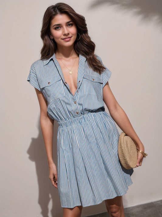Striped lapel shirt, waist-cinching short dress