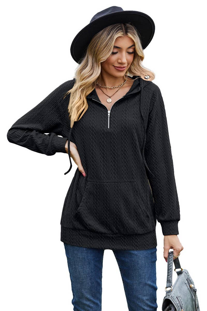 CWOHOL1094_HOODED ZIPPER LOOSE LONG SLEEVE SWEATSHIRT