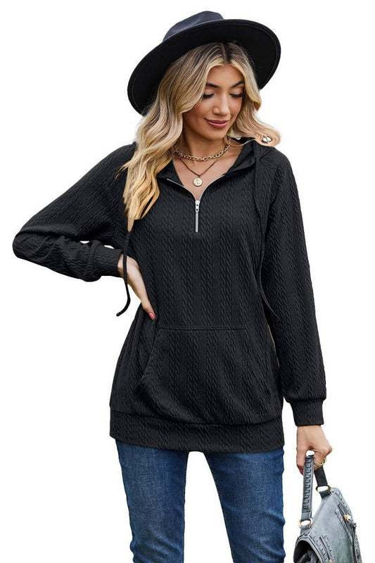 CWOHOL1094_HOODED ZIPPER LOOSE LONG SLEEVE SWEATSHIRT