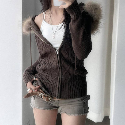 VINTAGE CASUAL FUR COLLAR HOODED ZIP-UP JACKET