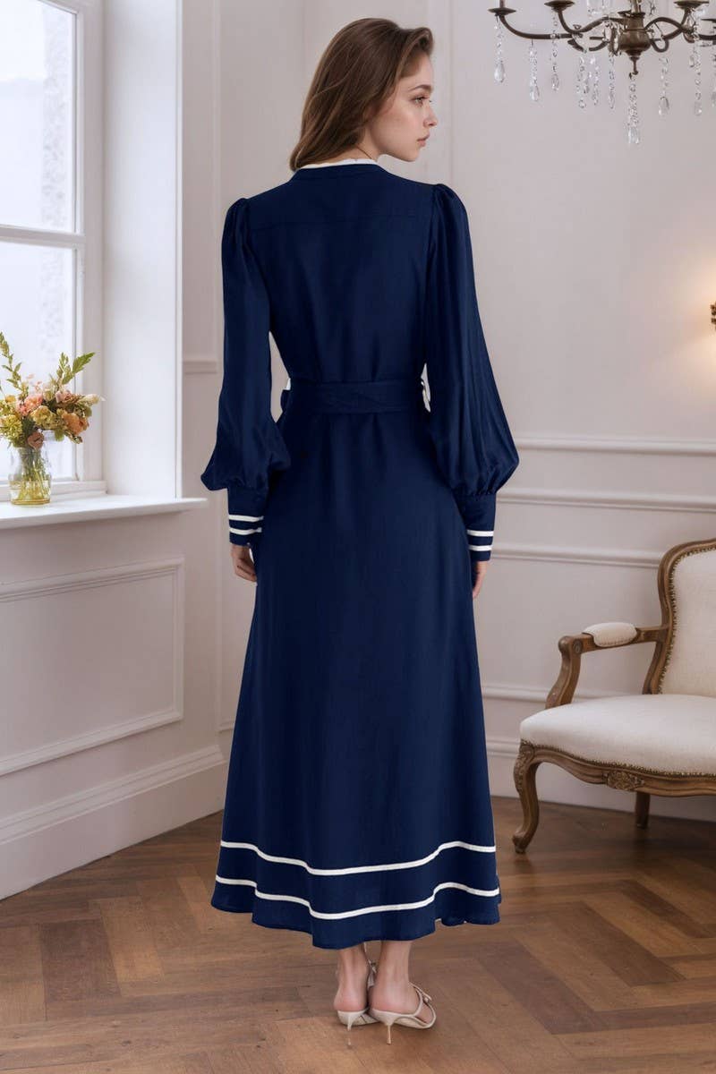 CWDMD6377_VINTAGE STRIPED V-NECK TIE WAIST MAXI DRESS