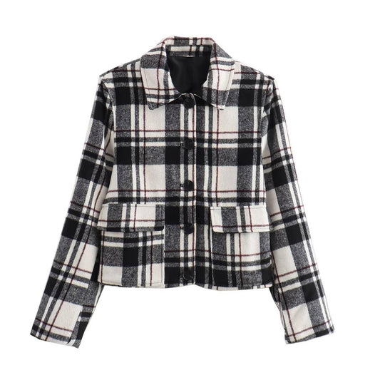 VINTAGE BAGGY LAPEL LONG-SLEEVED PLAID JACKET