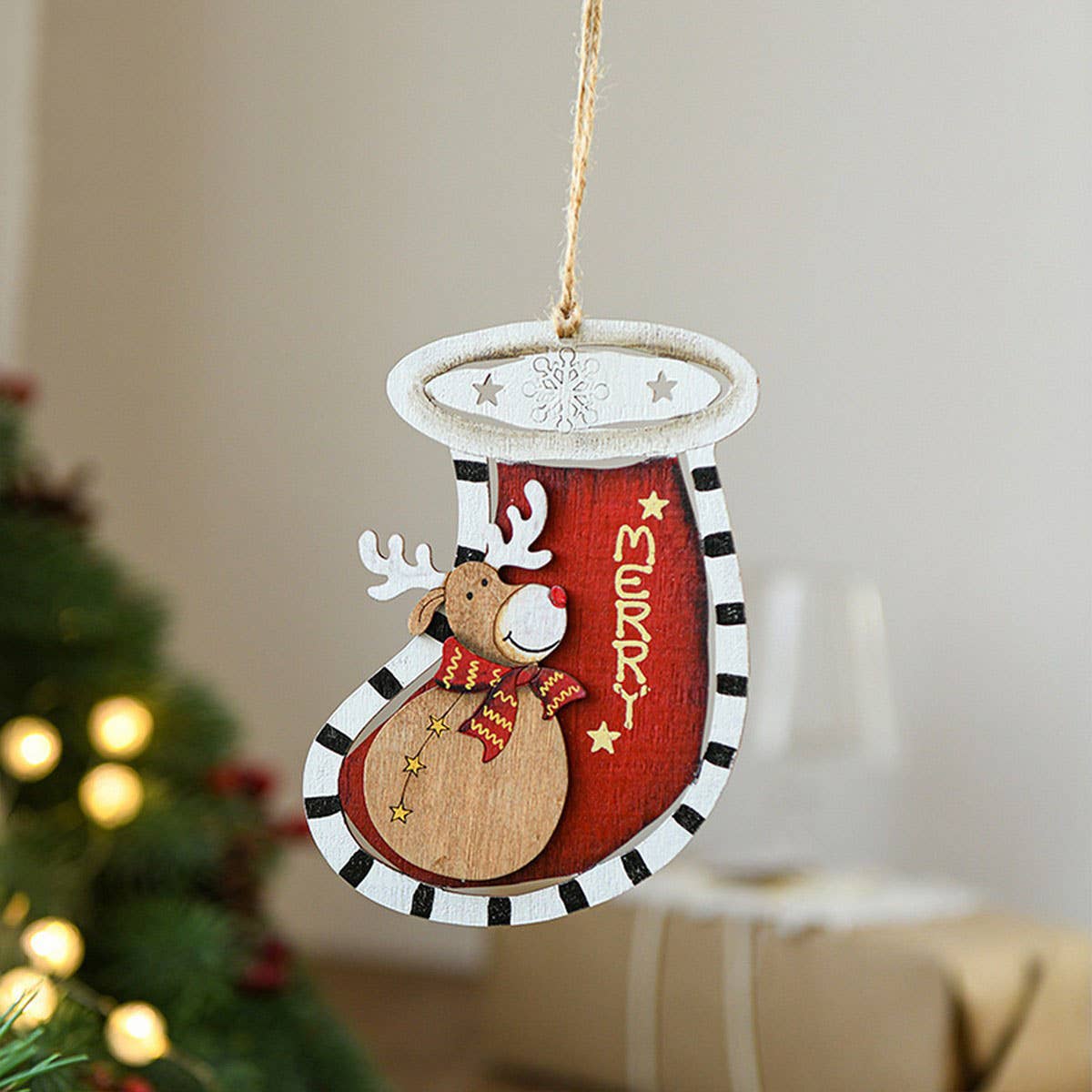 Rustic Wood Santa Snowman Xmas Tree Ornaments