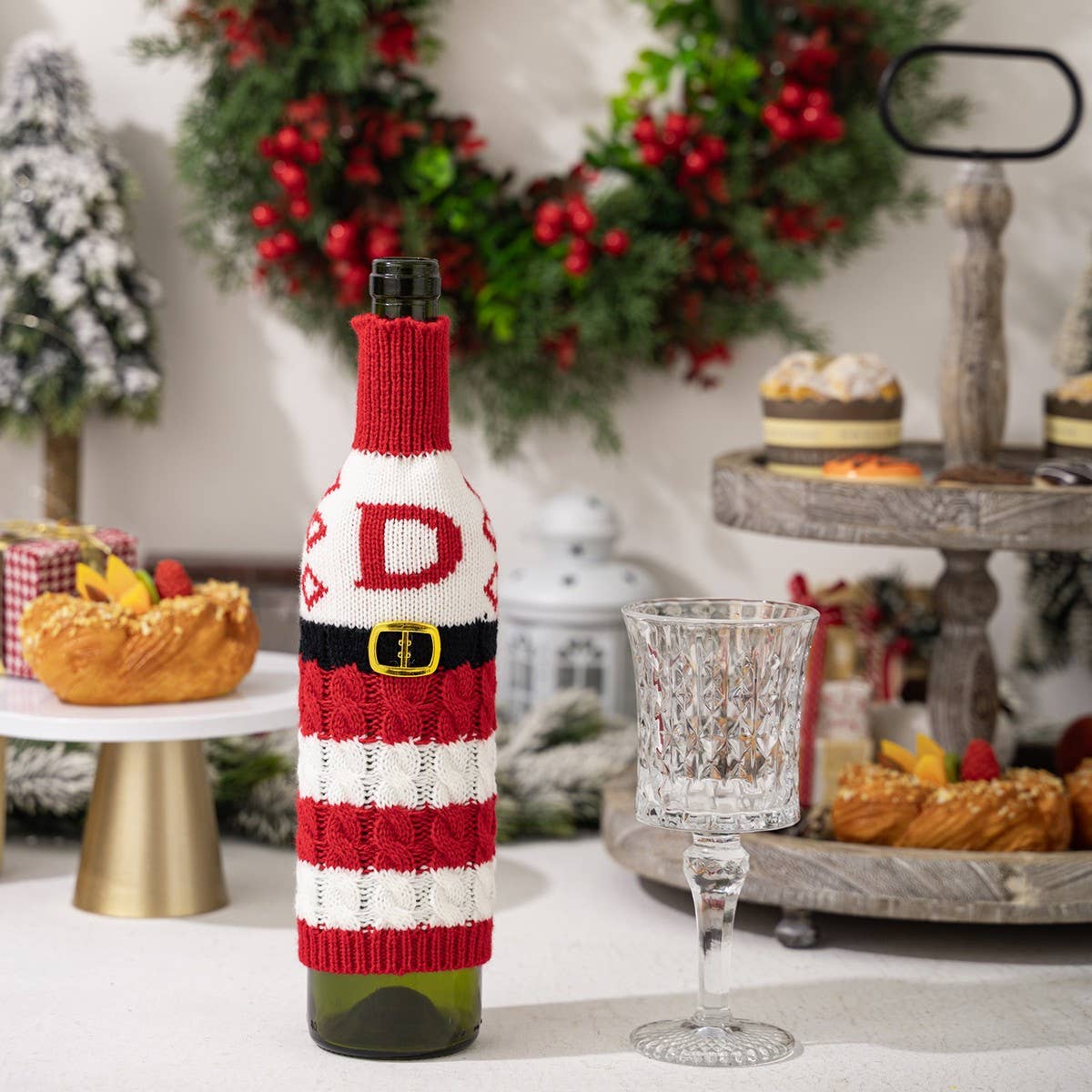 CWMM10337_KNITTED LETTER WINE BOTTLE COVER RED WHITE STRIPES