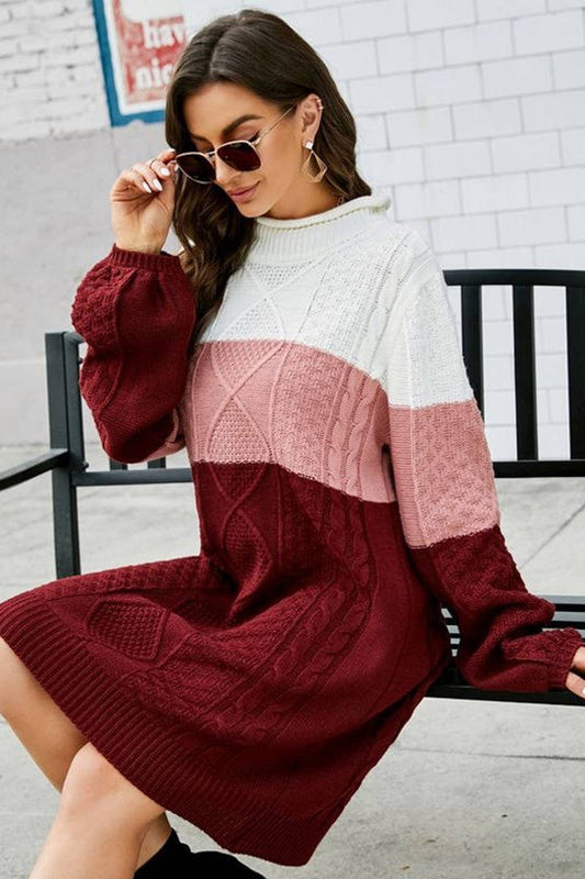CWDSD5248_ROUND NECK LOOSE CONTRAST COLOR SWEATER DRESS