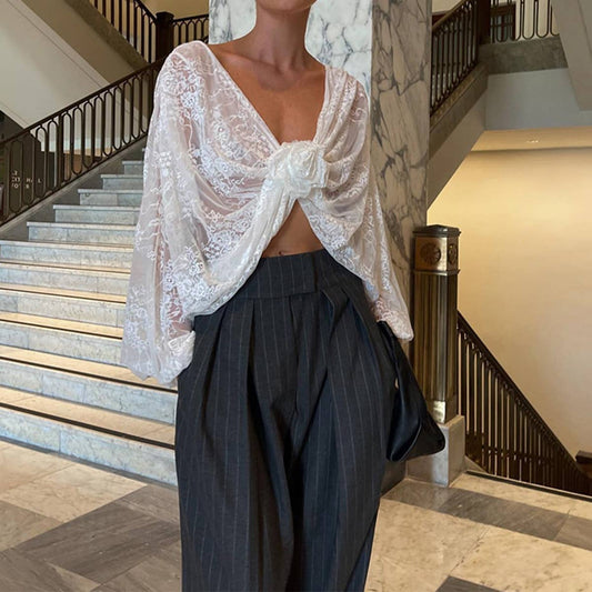 Sexy fashionable lace jacquard sheer top