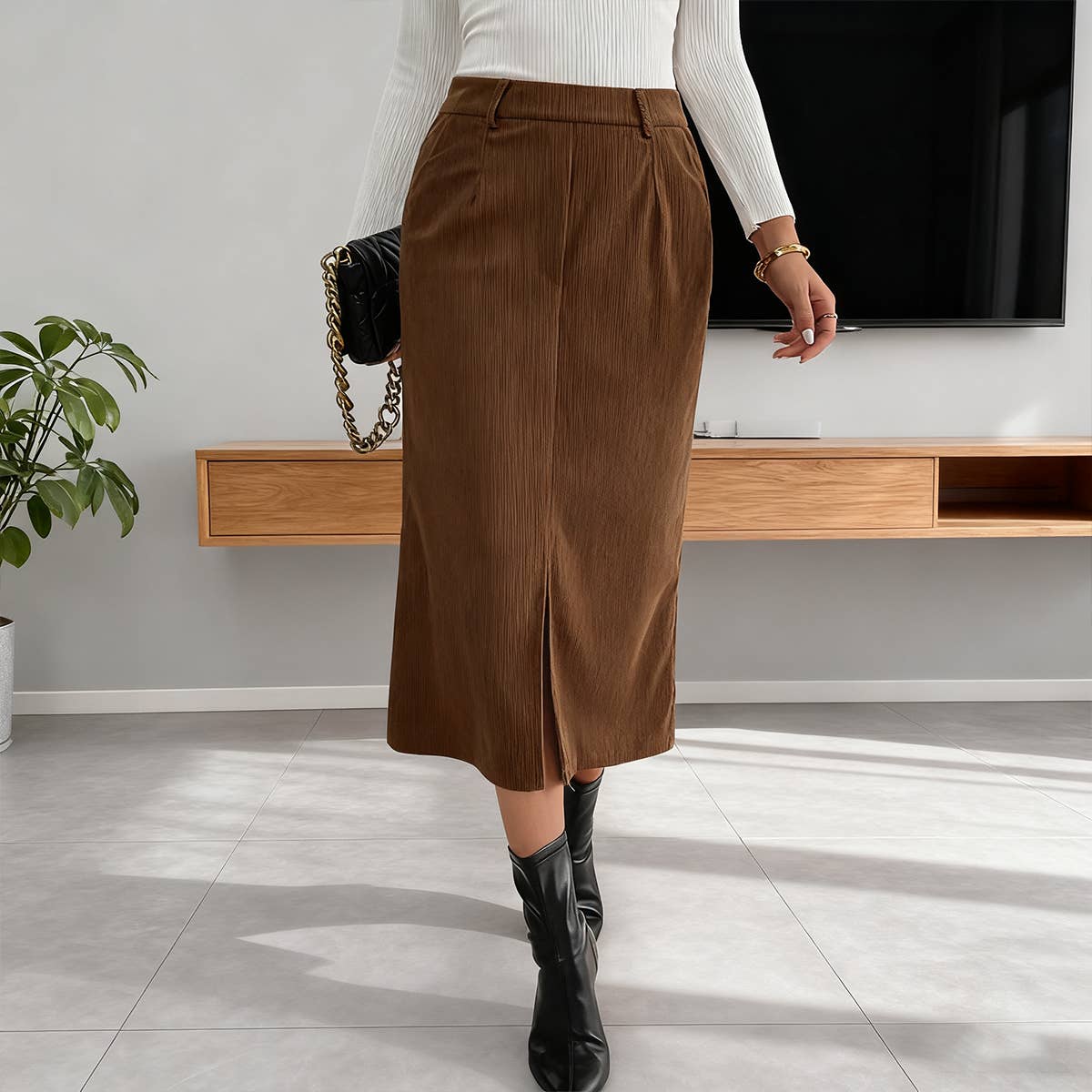 High-waisted straight-leg corduroy slit skirt