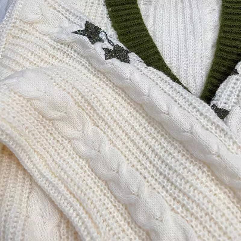 LEAF EMBROIDERY LANTERN SLEEVE LOOSE CARDIGAN