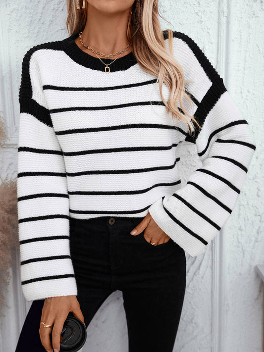 STRIPED PULLOVER LONG-SLEEVED CREW-NECK SWEATER