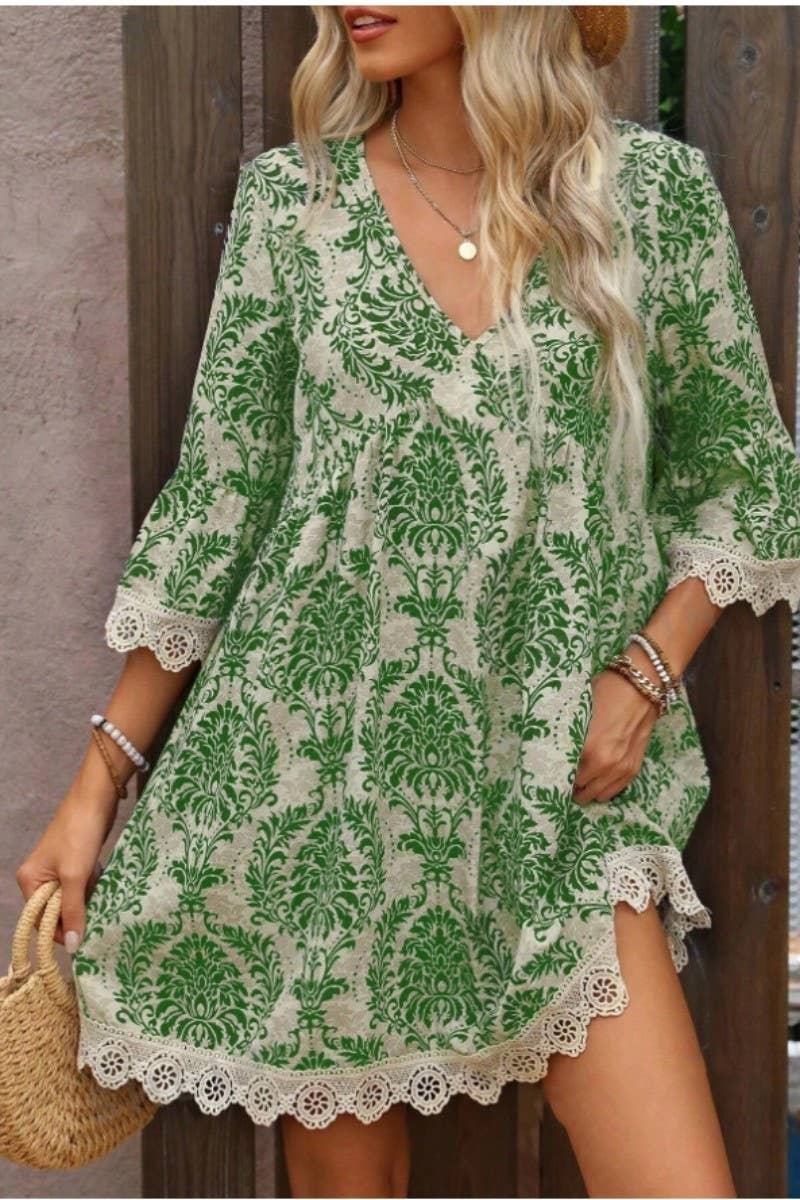 CWDSD8526_FLORAL PRINT V-NECK LACE TRIM 3/4 SLEEVE DRESS
