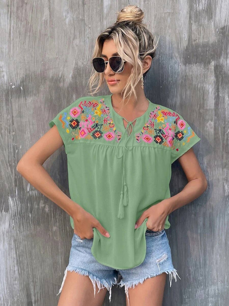 EMBROIDERED TASSEL TIED COLLAR BLOUSE
