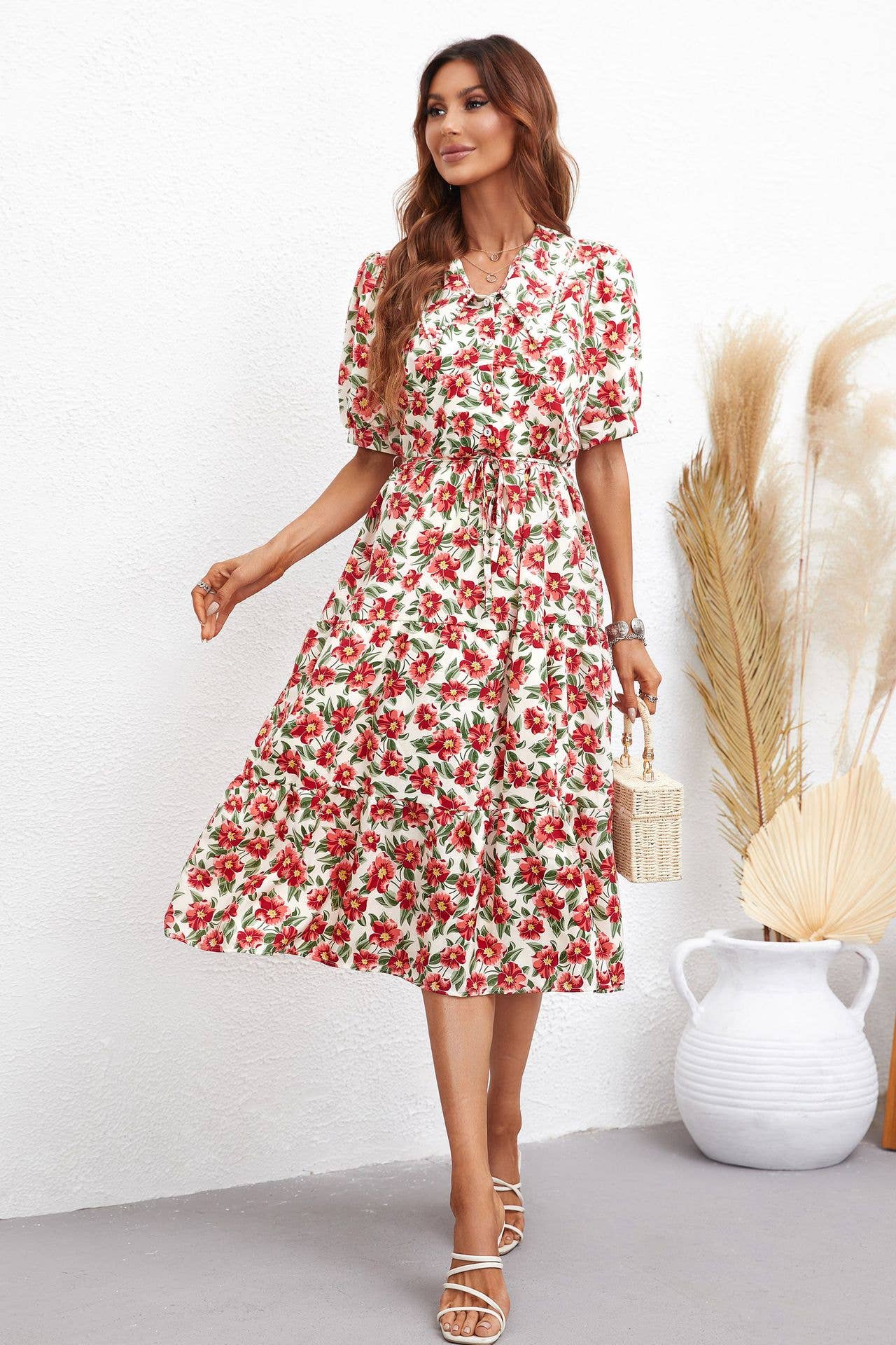 LAPEL FASHION PRINT WAIST DRAW-IN LONG DRESS