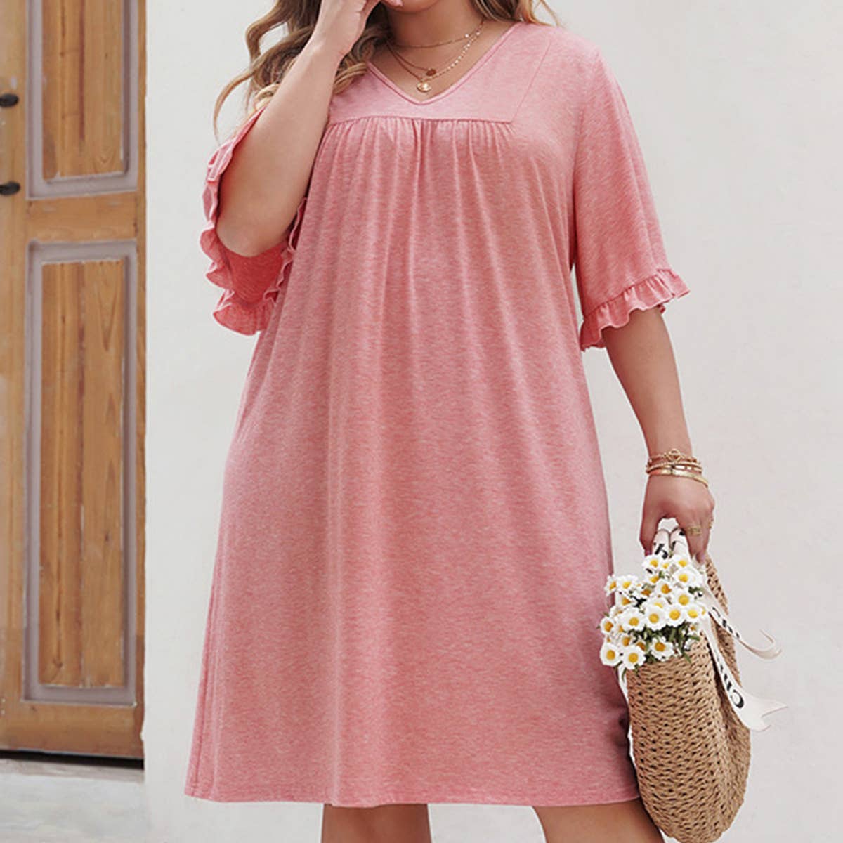SOLID COLOR PLUSSIZE CHIFFON V NECK CASUAL DRESS_CWDSD3143