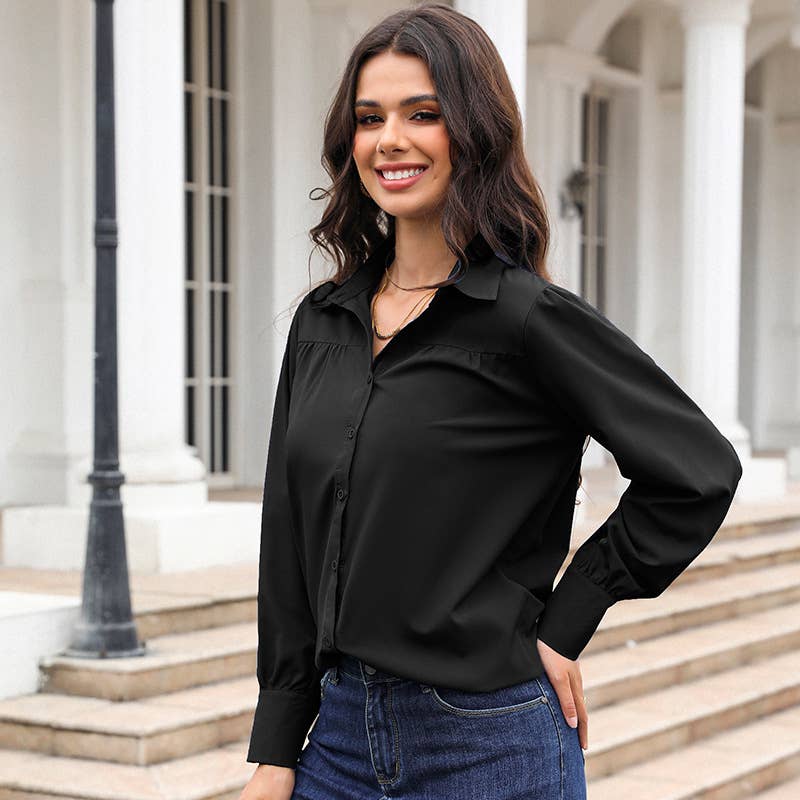 Lantern-sleeve pleated stand collar loose shirt