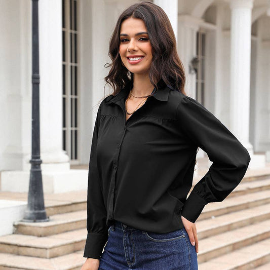 Lantern-sleeve pleated stand collar loose shirt