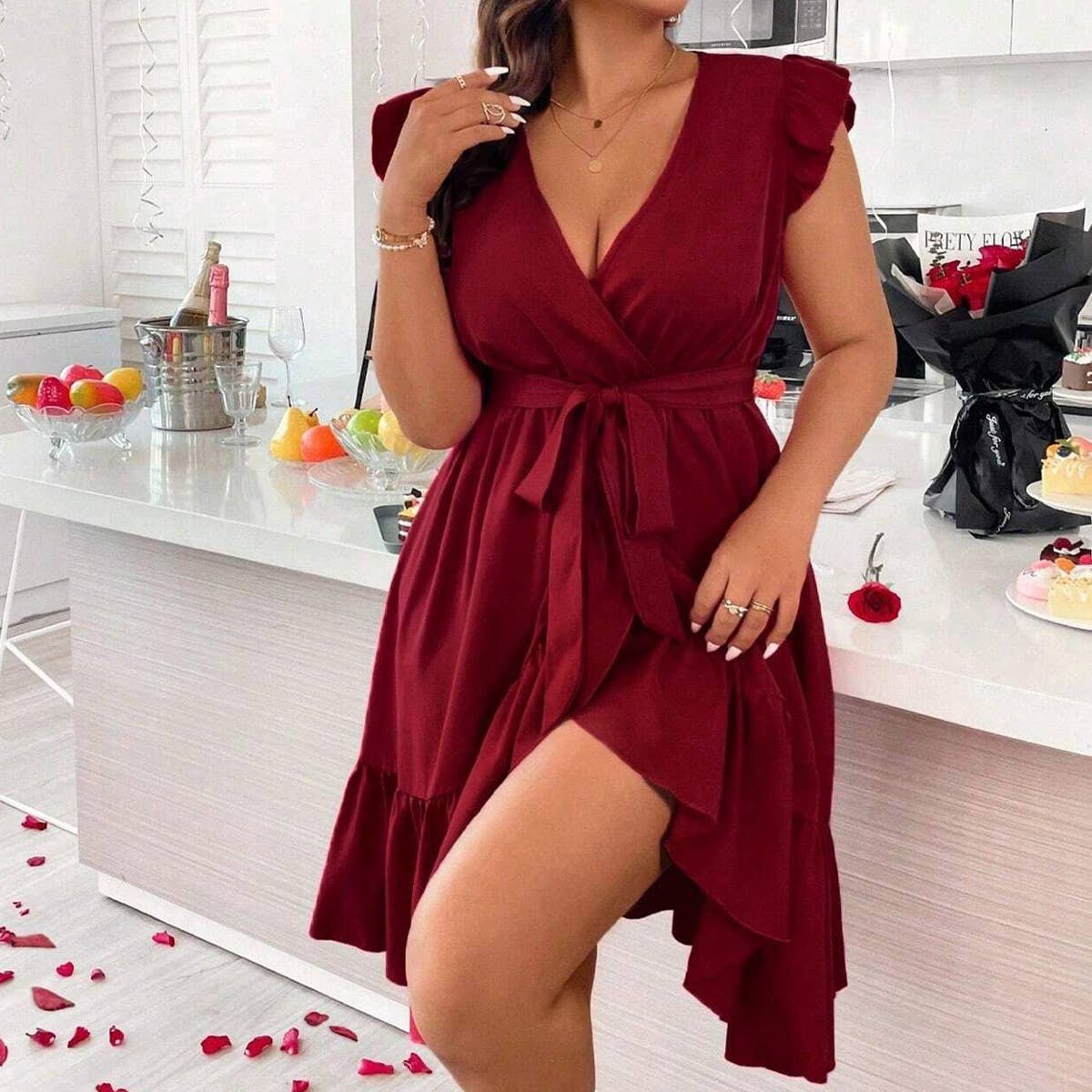 LACE UP WAIST RUFFLED EDGE DRESS