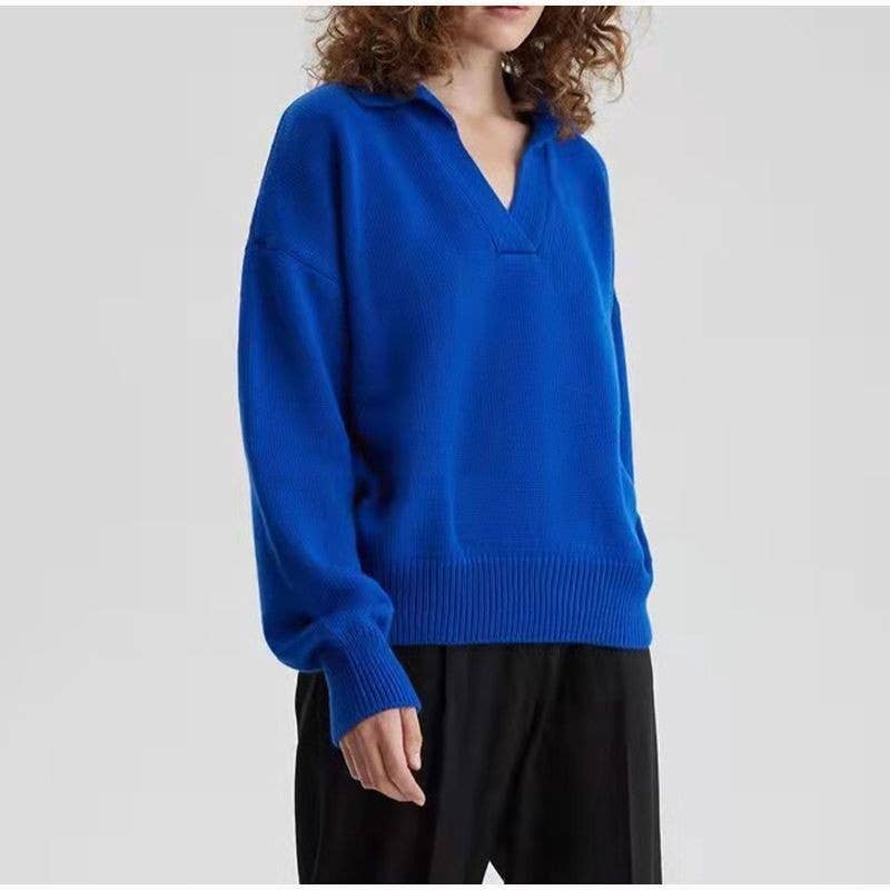KNIT POLO COLLAR SOLID COLOR PULLOVER SWEATER