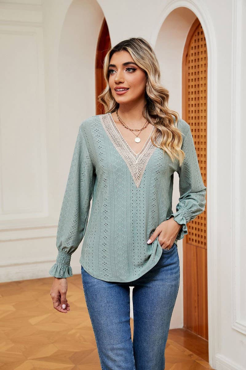 Cwtbll2389_V-Neck Lace Stitching Long-Sleeved Pullover