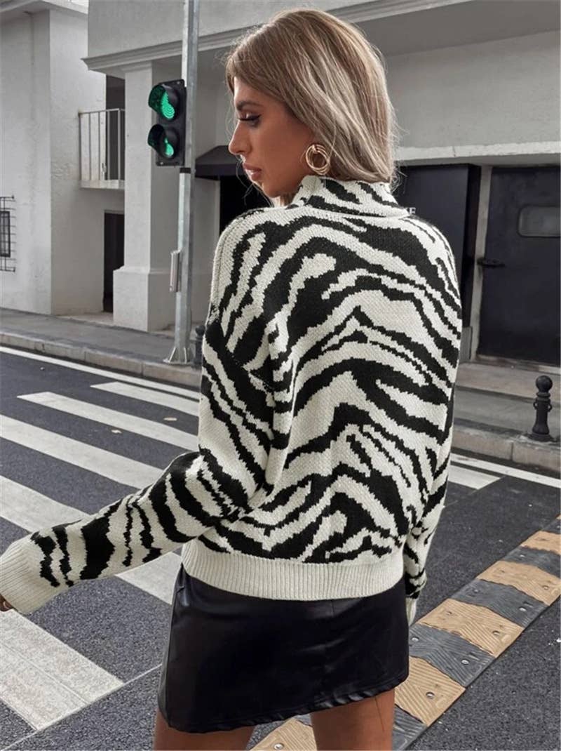 Semi-high neck zebra print knitted sweater