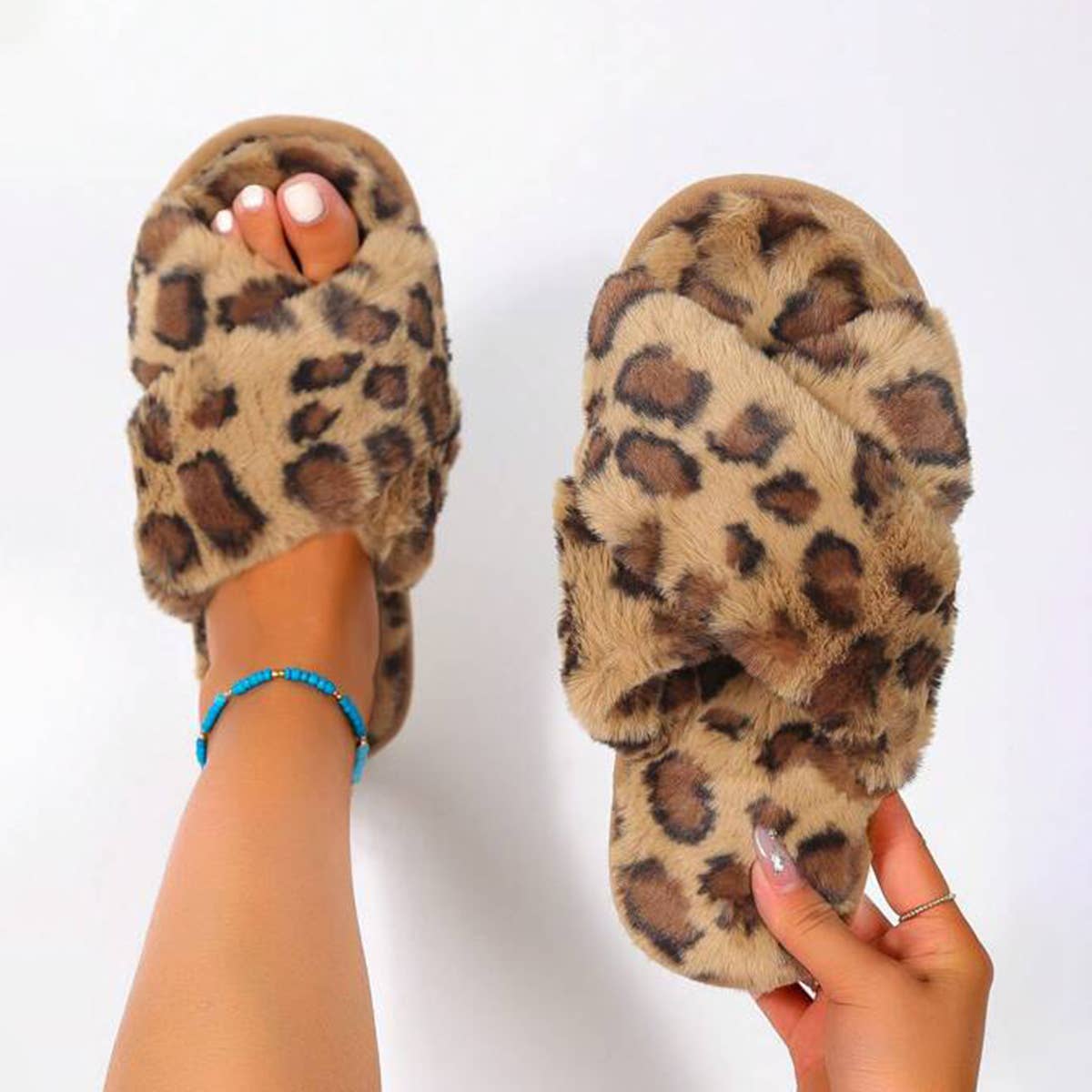 LEOPARD PATTERN CROSS FLUFFY HOME BEDROOM SLIPPERS