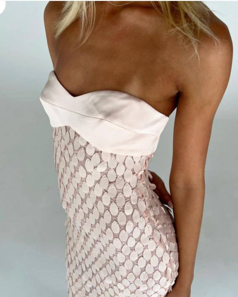 Strapless textured lace sequin backless dress