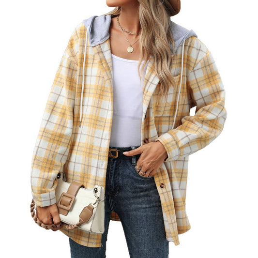 Plaid Color Matching Hooded Loose Jacket