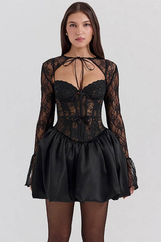 CWDSD6715_LONG SLEEVE LACE TIE A-LINE DRESS