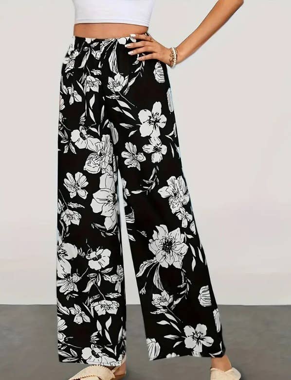 Lace-up printed high-waisted wide-leg pants