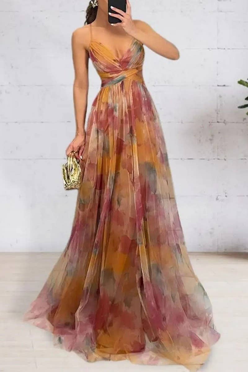 CWDMD01003_MESH PRINTED SUSPENDER CASUAL PARTY DRESS