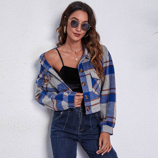 SLIM-FIT PLAID CROPPED SWEATER JACKET
