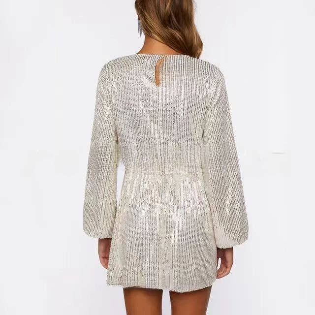 Sequined and beaded short waist-cinching dress