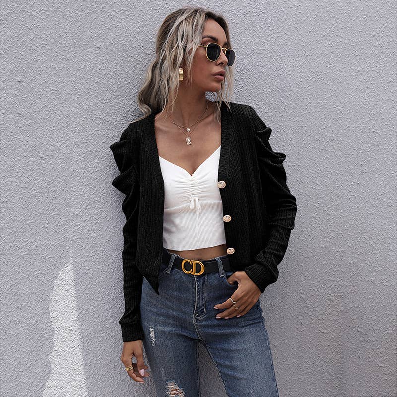 Ruffled pile sleeve cardigan V-neck sweater