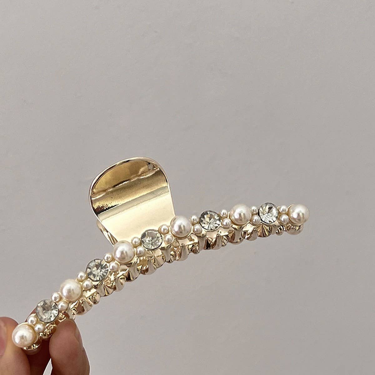 French Alloy Hair Claw, Pearl Rhinestone Decor_CWAHA0619