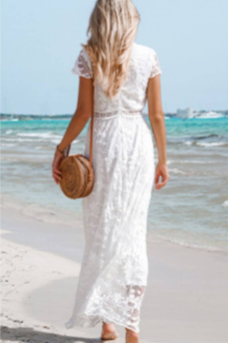 CWDMD3108_MESH STITCHING LACE SHORT SLEEVE DRESS LONG