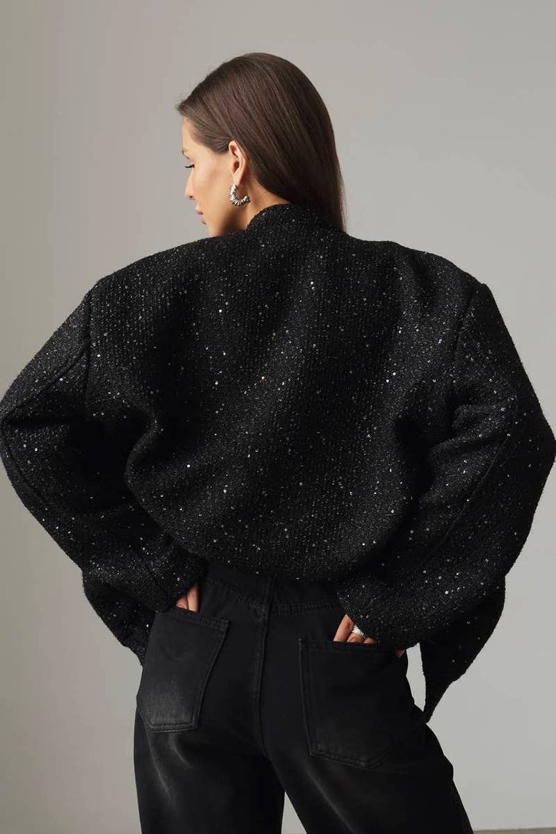 CWOCO0361_FALL FASHION GOLD SEQUIN LONG-SLEEVED JACKET