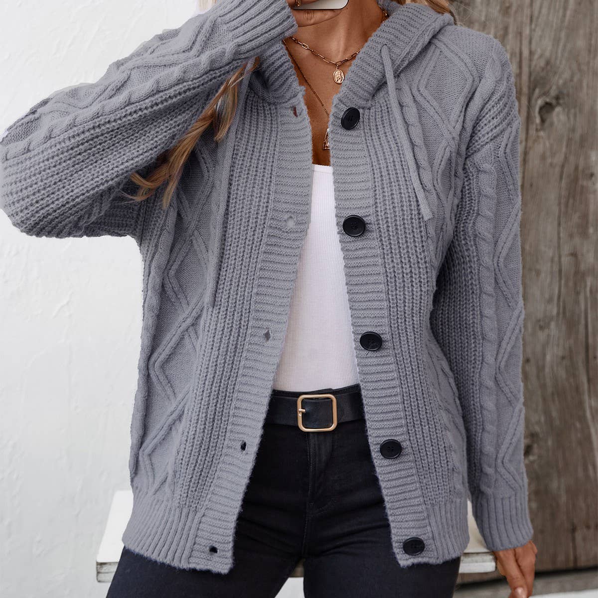 Solid color hooded drawstring single-breasted cardigan