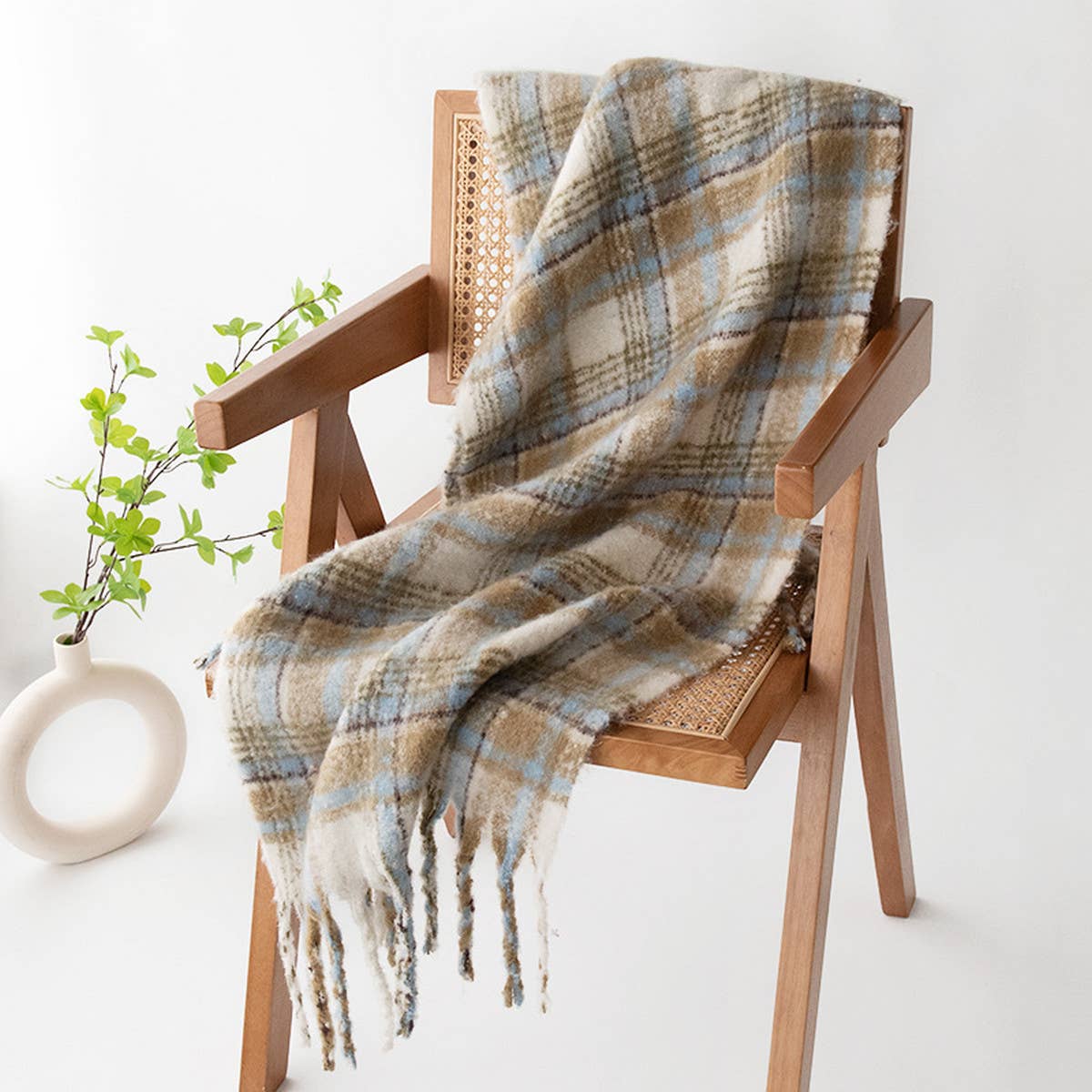 Fuzzy Plaid Scarf - Soft Tassel Wrap for Women