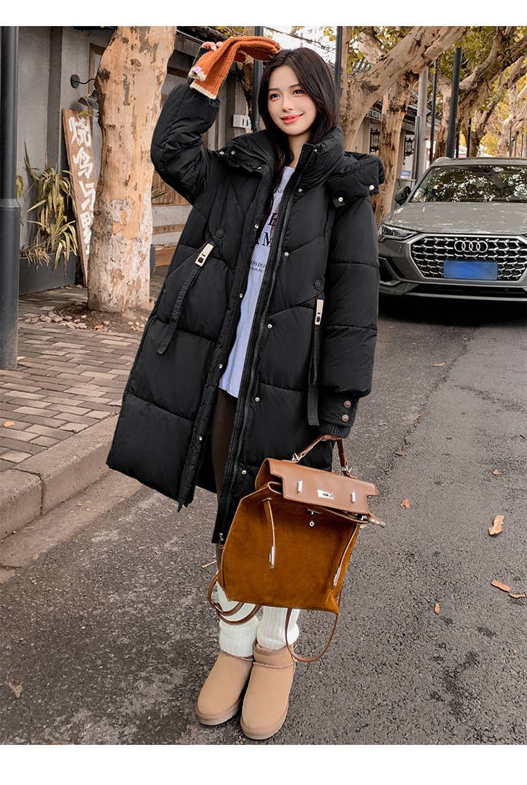 Warm hooded thick long pure color quilted jacket