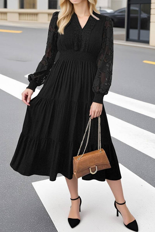 CWDMD01040_V NECK WAIST LACE LONG SLEEVE SOLID DRESS