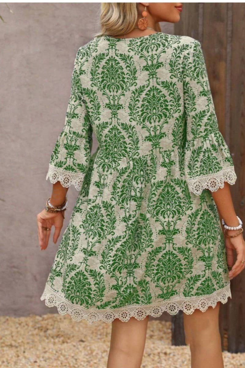 CWDSD8526_FLORAL PRINT V-NECK LACE TRIM 3/4 SLEEVE DRESS
